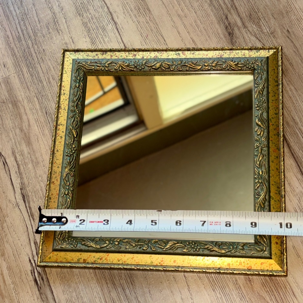 Vtg Ornate Square Wall Mirror Gold Verdigris Floral Scrollwork Frame 9.5in - Picture 11 of 16